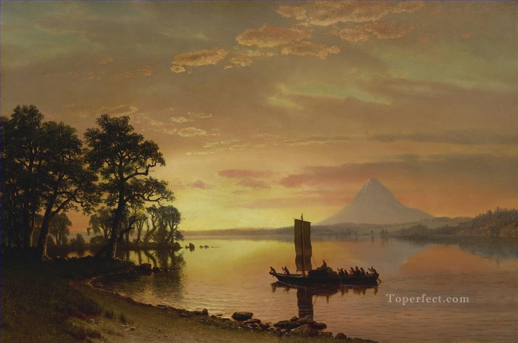 INDIANS ON THE COLUMBIA RIVER WITH MOUNT HOOD IN THE DISTANCE American Albert Bierstadt Oil Paintings